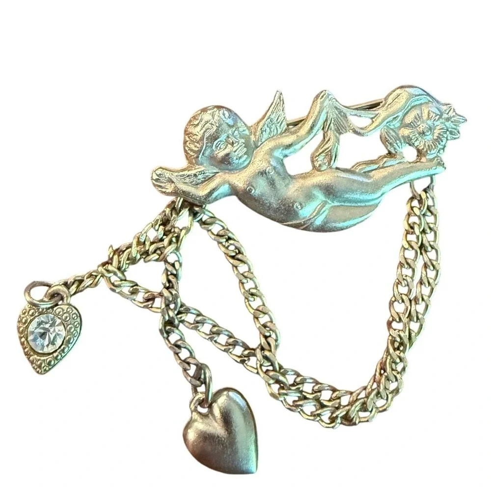 Vintage Cherub Brooch Cupid Chain Heart Charms - Silver Pot Metal Angel Pin